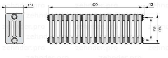 Схема (чертеж) Радиатор Zehnder Charleston 5019/20 №7610 Белый глянцевый RAL 9016